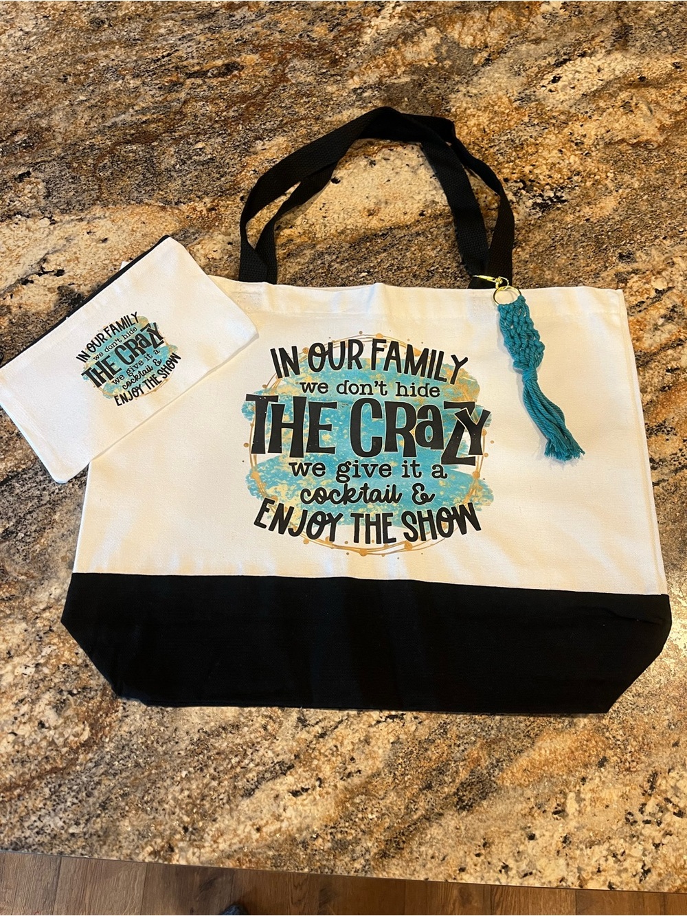 Canvas Tote Bag with Teal Accent and Tassel - 'The Crazy' Quote
